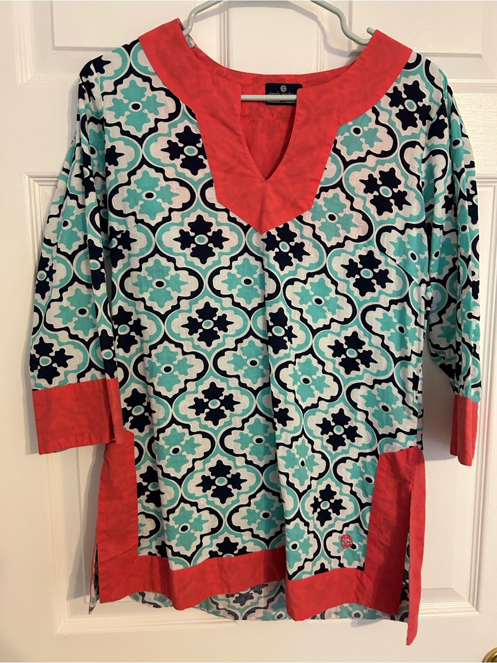 Simply Southern Turquoise and Navy Geometric Tunic with Coral Trim